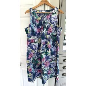 J JILL Love Linen Purple Floral Tropical Pintuck Sleeveless Dress Size LG